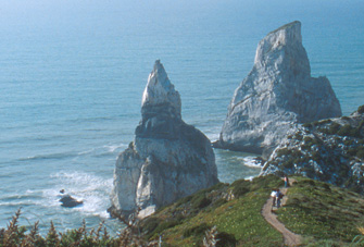 05608 vista falésia trilho pessoas gramineas rochas emersas nuvens Praia-da-Ursa Parque-Natural-Sintra-Cascais